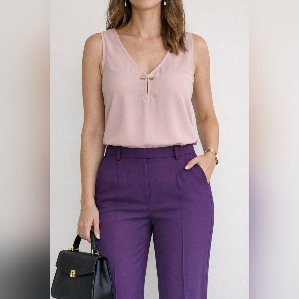 BNWOT Harve Benard Dust Rose V-Neck Blouse L Sleeveless Office Chic Flowy Top